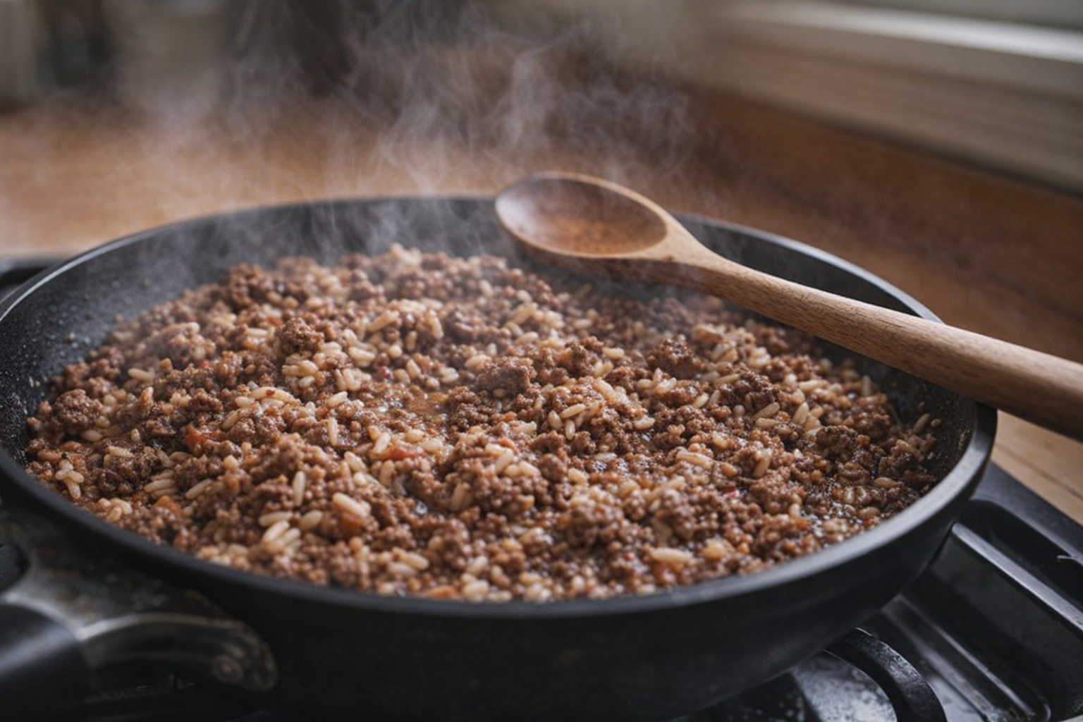 A medium shot of ground beef and rice simmering in a skillet on the stovetop, with steam rising and a wooden spoon resting on the edge of the pan